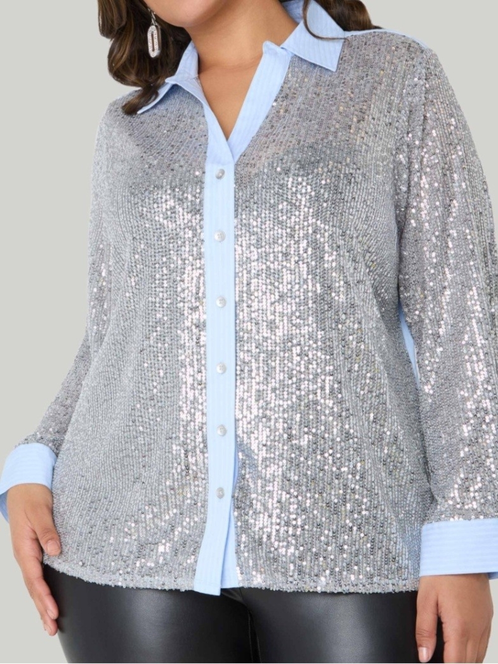 NWT Ashley Stewart Silver Sequin Button-Down Shirt with Light Blue Trim Size 26